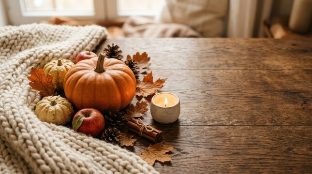 Cozy autumn setting with warm knitted blanket burning candle and pumpkin on wood table.
