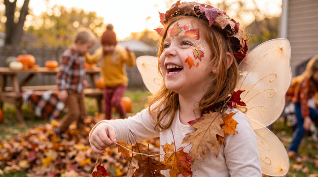 Thanksgiving child in fairy wings with autumn leaf makeup holding a leaf garland, a magical autumn harvest photo for greeting cards and invitations.