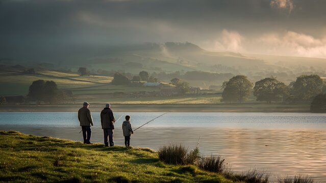 A multi-generational family of grandfather father and son enjoying a peaceful morning of fishing by a serene lake amidst misty rolling hills