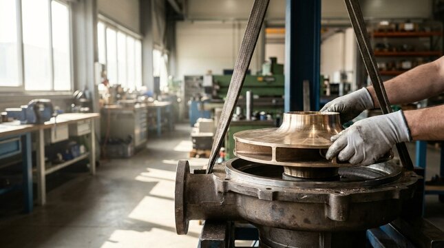Hands of technician assembling industrial bronze water pump impeller in mechanical workshop