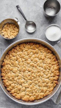 Round crumble dessert with golden topping