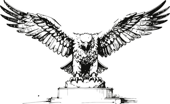 Eagle spreading wings perched on pedestal detailed black and white illustration