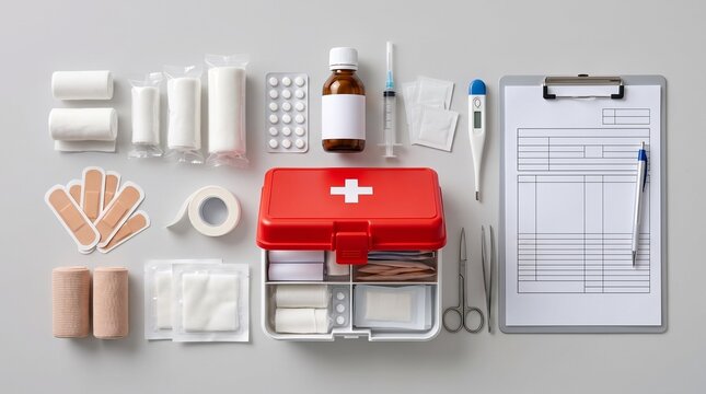 First aid kit with medical supplies for emergency preparedness