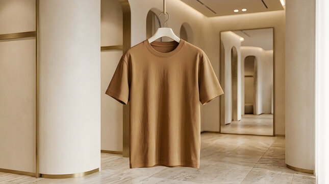 Plain brown t-shirt hanging on a hanger inside a modern luxury clothing store boutique with soft lighting