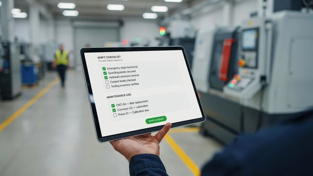 A worker holding a tablet displaying a factory shift checklist and maintenance log with green checkmarks inside a manufacturing facility