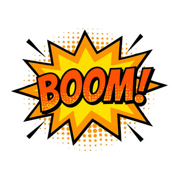 A retro style comic book explosion with a yellow word bubble displaying the onomatopoeia boom on a clear background