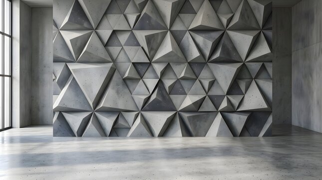 Contemporary industrial room featuring a large 3D concrete geometric wall with triangular facets, dramatic shadows and textured surface, creating a minimalist, architectural and abstract backdrop.