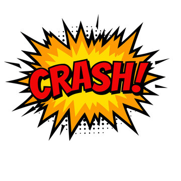 A vibrant dynamic comic book style explosion illustration features the word crash in bold lettering on a transparent background