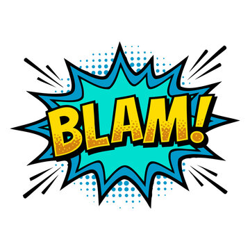 A retro style comic book explosion featuring a word bubble with the onomatopoeia blam and halftone dots on a clear background