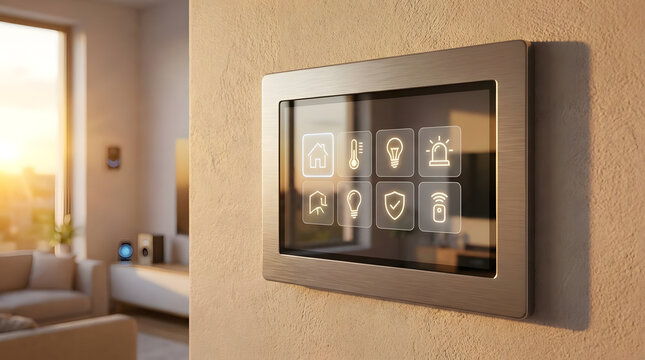 Interactive smart home control screen mounted on interior wall.