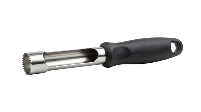 Stainless steel apple corer with black handle isolated on transparent background for kitchen tool and cooking concept.
