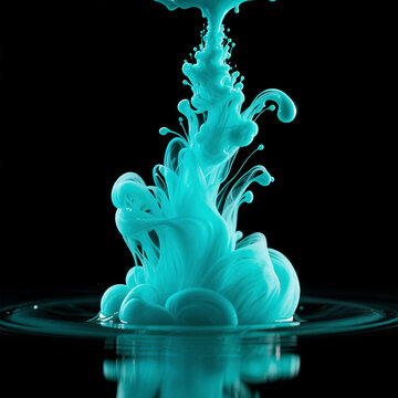 Teal ink cloud blooming in water on black background, abstract fluid art