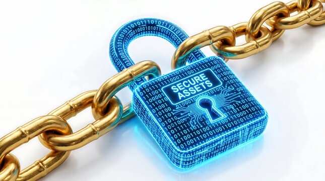 Glowing blue digital padlock with binary code pattern secured by heavy gold chains