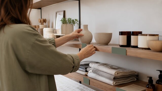 Small retail owner arranging a boutique shelf planogram with blank markers