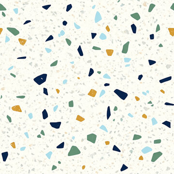 Seamless terrazzo pattern, Nordic navy sage and mustard chips on cream