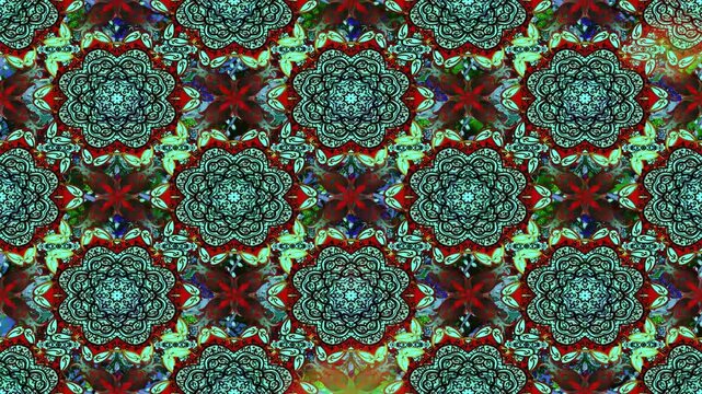 Seamless video loop with turquoise and red ornamental floral pattern, intricate geometric details and vintage texture. Decorative background for textile and motion design.