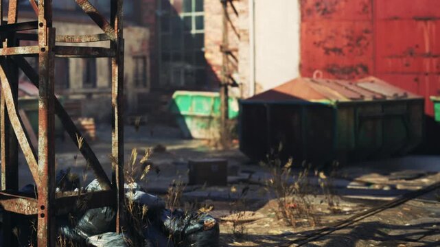 Abandoned buildings and rusting dumpsters create a scene of neglect in a deserted industrial site. Sunlight filters through broken windows, highlighting the decay around.