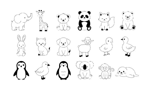 Cute Baby Animals Outline Drawing Collection.