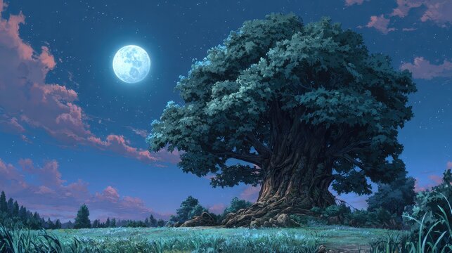 A majestic ancient tree stands alone in a field bathed in the glow of a bright full moon under a starry night sky