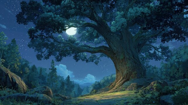 A majestic old tree is bathed in moonlight within a tranquil forest clearing as stars twinkle in the deep blue night sky
