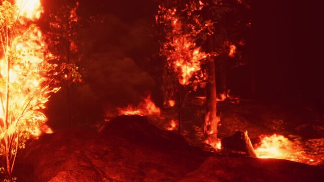 Flames engulf trees in a thick forest at night, creating an eerie glow amidst the shadows. The crackling fire illuminates the surroundings, transforming nature into a fiery spectacle.