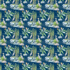 Fototapeta premium Asian-inspired landscape with herons, tropical plants, stones, and water. Watercolor seamless pattern on blue. Perfect for botanical designs, exotic wallpaper, textile, nature themes, zen-style