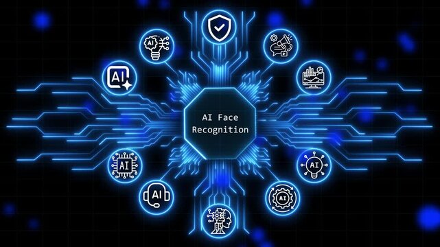 Ai face recognition A glowing neon, and manufacturing process management all connected in a digital circuit like pattern. Business, Technology, Internet and network concept.
