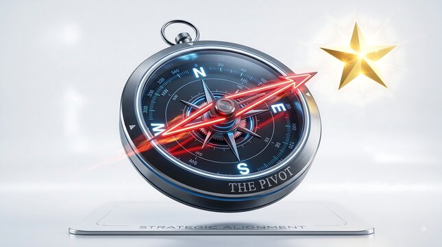 Metallic compass with glowing red needle pointing toward a bright golden star on white background