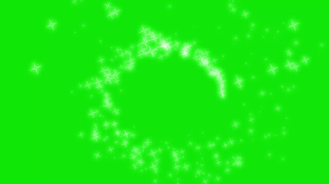 White magic glitter star trail animation, glowing twinkle particles, sparkling fairy dust path, elegant luminous starline circle and dreamy shimmer transition effect on green screen background, 4K...
