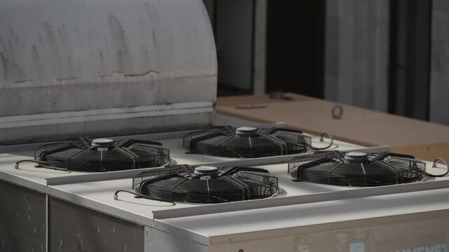 A row of black fans are on a white surface. The fans are arranged in a row and are all facing the same direction