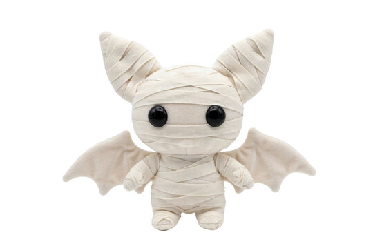 Cute plush bat wrapped in white gauze fabric like a mummy toy isolated on a transparent background doll