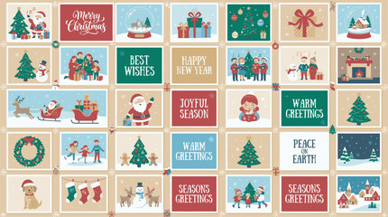 Fototapeta premium Decorative grid of Christmas holiday themed squares featuring festive illustrations and Merry Christmas greeting typography Merry Christmas