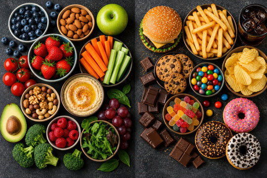 Healthy vs Unhealthy Food Comparison with Whole Foods and Junk Food