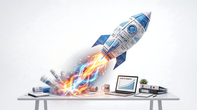 Paper rocket ship launching from a desk with financial charts and graphs on a white background scene