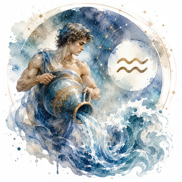 Aquarius Zodiac Sign Water Bearer Watercolor Astrology Illustration