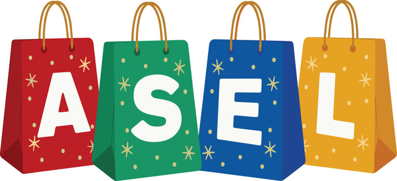 Shopping Bags and Gift Bags Vector Set with Letters Spelling ASEL, Sparkles, and Festive Colors for Retail and Sale Graphic Designs