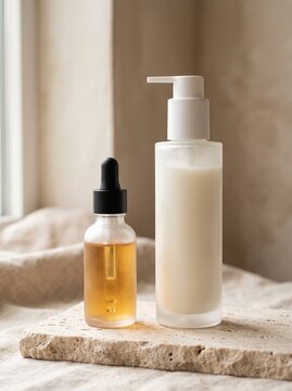 Natural skincare mockup featuring serum dropper and lotion pump bottles on textured stone for organic beauty and wellness product promotion
