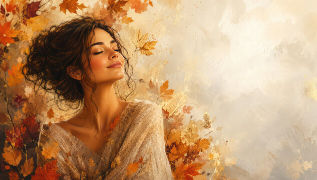Beautiful Woman Surrounded by Autumn Leaves with Copy Space