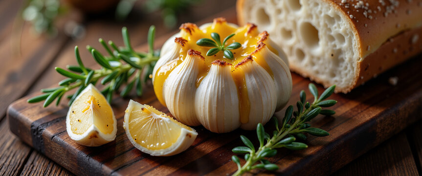 Roasted garlic bulb with bread flat lay for food blogs, bakery menus, and savory appetizer recipe websites