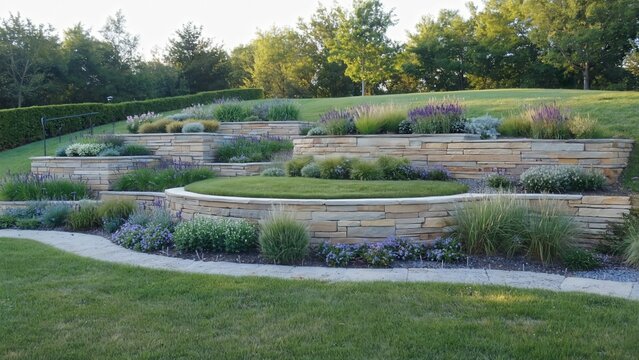 Terraced garden landscape with greenery and stone paths
