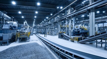 Obraz premium Modern industrial facility with conveyor belts hinery and bright overhead lighting in a spacious factory setting