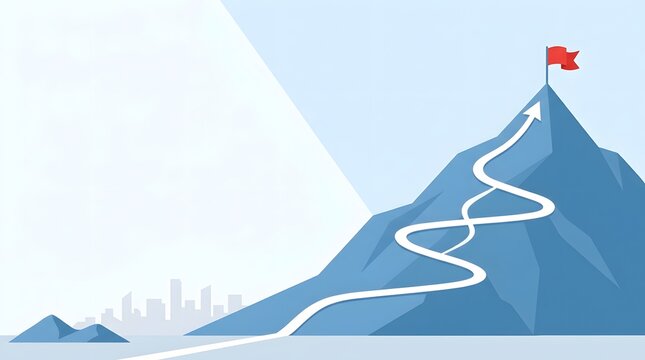 Path to success and mountain peak with red flag