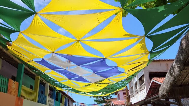Colorful Triangle Sun Shades in Brazilian Colors, Canoa Quebrada, Ceara, Brazil