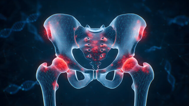 3D X-ray style pelvis and hip joint anatomy with glowing red inflammation and DNA helix background elements