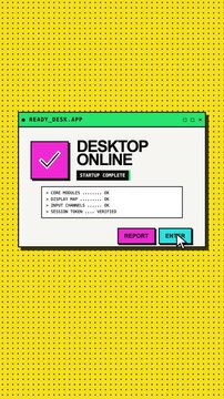 Retro vaporwave computer desktop startup animation with pixel art window on yellow halftone background.