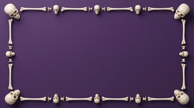 A rectangular frame made of human skulls and bones arranged on a solid dark purple background