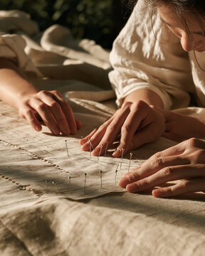 Hands Pinning A Paper Pattern To Cotton