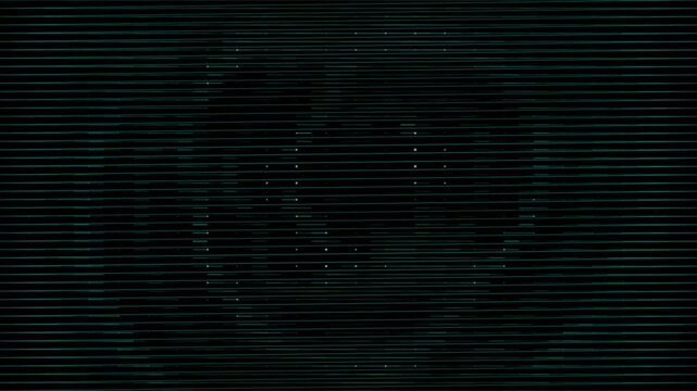 Abstract dark green scan lines background with flickering digital dots and horizontal motion texture creates retro technology vhs effect.