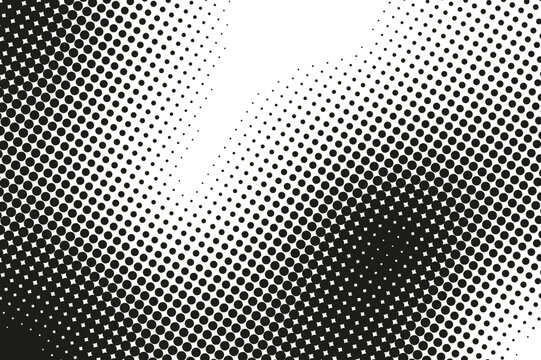 Abstract halftone texture with monochrome dotted pattern. Black and white gradient overlay with noise transition effect. Dissolve polka dots print with ripples dynamic flow. Vector illustration.