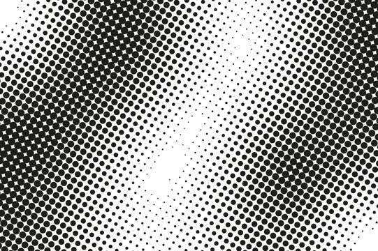 Abstract halftone texture with monochrome dotted pattern. Black and white gradient overlay with noise transition effect. Gritty contrast dissolve template with curve waves flow. Vector illustration.